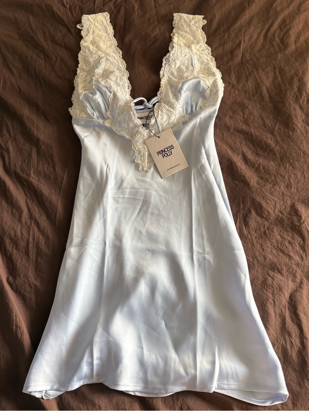 Princess Polly blue Slip Dress with Cream Lace Trim